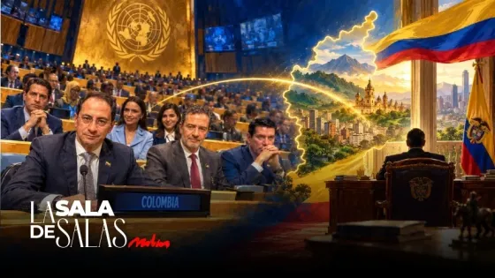 Ilustración de la delegación colombiana en la Asamblea General de la ONU y El Tigre trabajando desde su despacho presidencial en Colombia