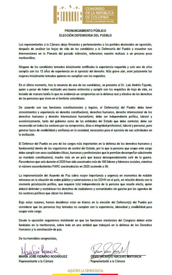 Carta oposición elección Defensor del Pueblo