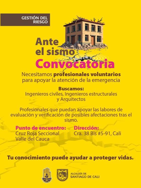Voluntarios profesional en Cali por terremoto. 