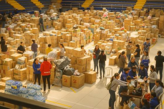 Personas entregando donaciones en el Palacio de los Deportes en Bogotá
