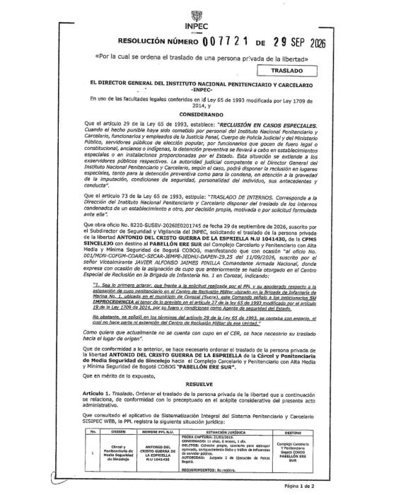 Primera página de la Resolución 007721 del INPEC sobre el traslado de Antonio Guerra