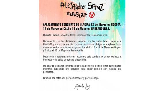 Alejandro Sanz aplazo su gira en Bogotá, Cali y Barranquilla debido al Coronavirus.