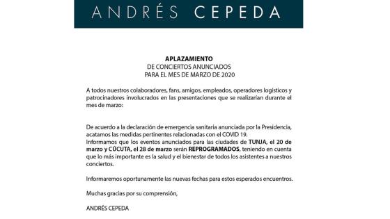 Andrés Cepeda aplazo su gira por Cucúta y Tunja debido al Coronavirus.