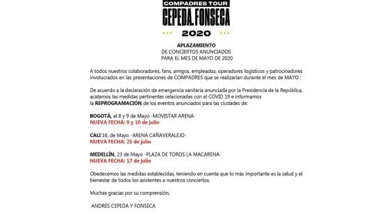 Fonseca aplazo su gira por Bogotá, Cali y Medellin hasta el mes de julio debido al Coronavirus.