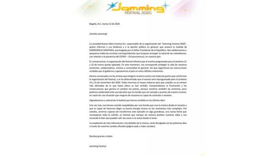 El Jamming Festival decidió aplazar el evento hasta el mes de noviembre debido al Coronavirus. 