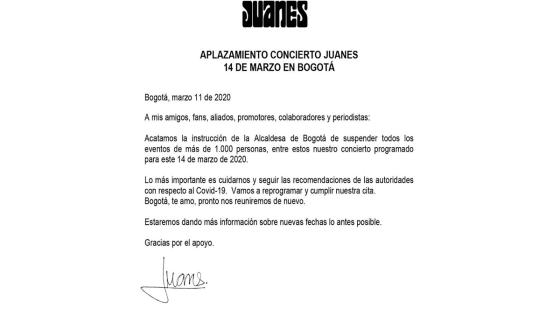 Juanes decidió aplazar su concierto hasta nueva orden del Ministerio de Salud.