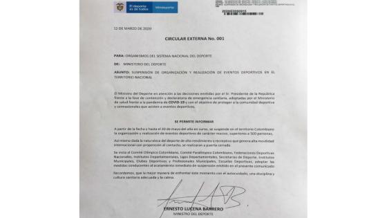 El ministro del Deporte Ernesto Lucena emitió una circular sobre la suspensión de eventos deportivos en el territorio nacional como medida de prevención al Covid-19.