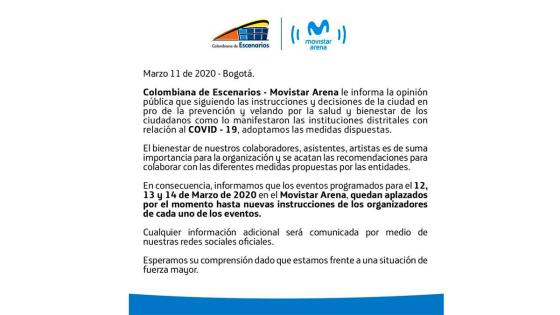 Movistar Arena cancela todos los eventos como medida de prevención al Coronavirus.