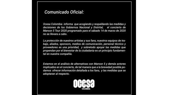 Occesa Colombia decidió cancelar el evento de Maroon 5 como medida de prevención al Coronavirus.