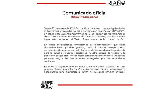 Alejandro Riaño decidió cancelar su presentación en Cali como medida de prevención al Coronavirus.