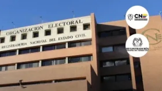 Edificio de Consejo Nacional Electoral (CNE) y logo de Registraduría.