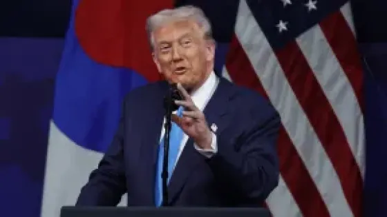 US President Donald Trump speaks during the APEC CEO Summit Korea 2025 in Gyeongju, South Korea